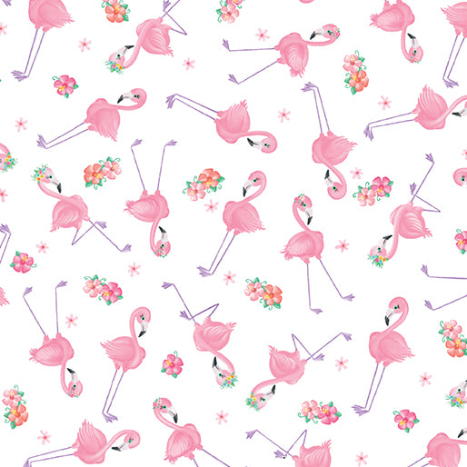 Flamingal Pals Fabric by Benartex, Mini Flamingos on White, Friendship Fabric