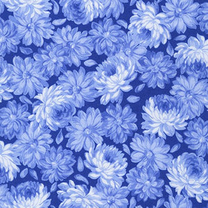 9" x 44" Flowerhouse Sunshine Fabric by Robert Kaufman, Light Blue Flowers on Blue