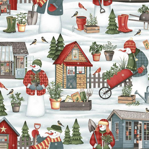 Gardening Snowmen Fabric by Henry Glass, LARGE Snowmen Allover, Winter Holiday Fabric