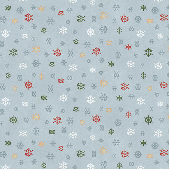 Gardening Snowmen Fabric by Henry Glass, Mini Snowflakes on Blue, Winter Holiday Fabric