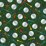Golf Balls & Tees in Grass, Golf Fabric by Timeless Treasures, Elite Athlete Par for the Course