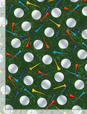 Golf Balls & Tees in Grass, Golf Fabric by Timeless Treasures, Elite Athlete Par for the Course