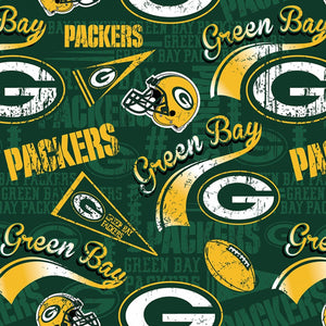 7" x 58" Green Bay Packers Fabric, Licensed NFL Cotton Fabric, Retro Print