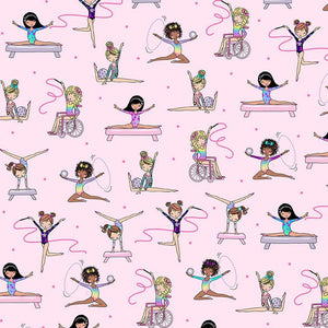 Gymnasts Training Fabric by Timeless Treasures, Girls Gymnastics, Pink