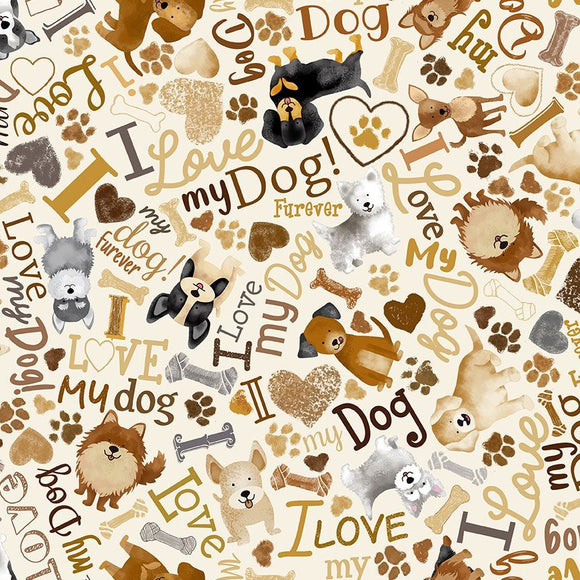 Happiness Has Paws Fabric by Timeless Treasures, Cream, Tossed Dogs and Words