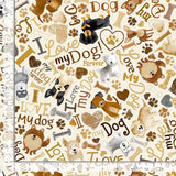 Happiness Has Paws Fabric by Timeless Treasures, Cream, Tossed Dogs and Words