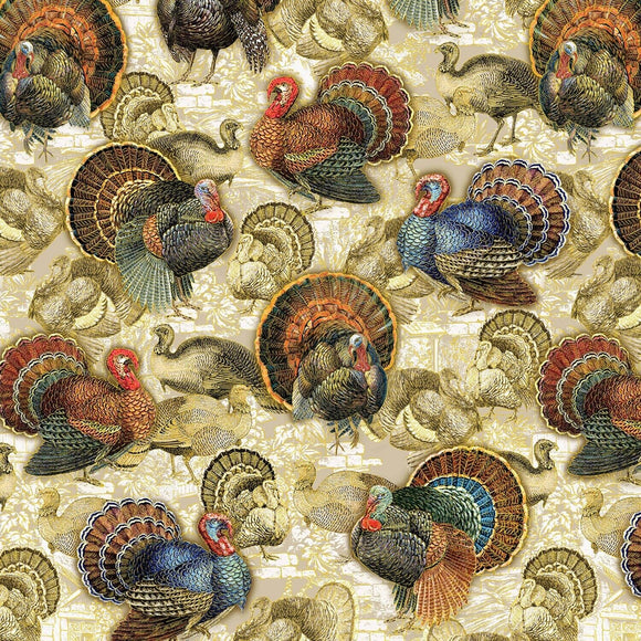 Harvest Festival Golden Turkeys Natural Fabric by Benartex, Gold Metallic, Fall Fabric