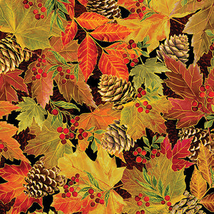 Harvest Festival Leaves & Pinecones Black Fabric by Benartex, Gold Metallic, Fall Fabric