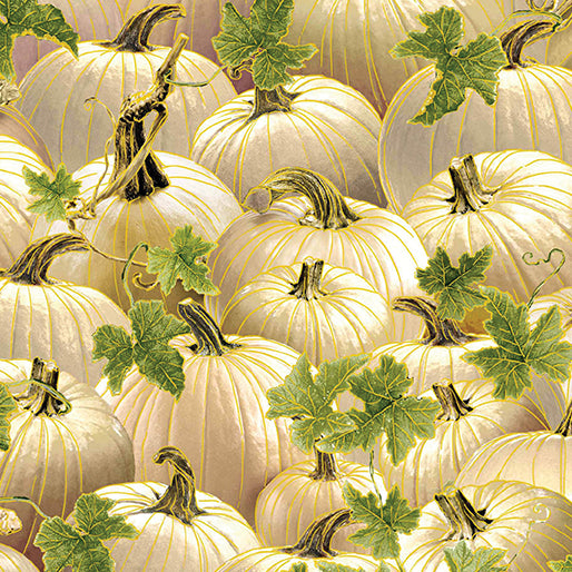 Harvest Festival Harvest Pumpkins Cream Fabric by Benartex, Gold Metallic, Fall Fabric