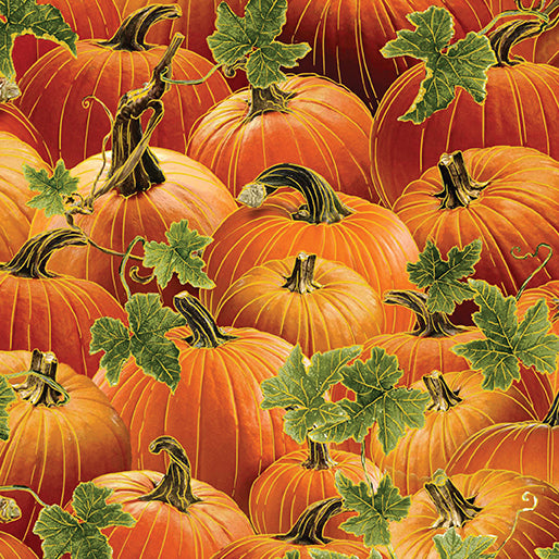 Harvest Festival Harvest Pumpkins Russet Fabric by Benartex, Gold Metallic, Fall Fabric