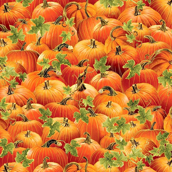 Harvest Festival Harvest Pumpkins Russet Fabric by Benartex, Gold Metallic, Fall Fabric, Quilting Fabric