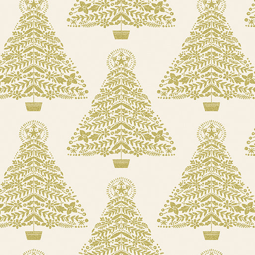 Holiday Sparkle Festive Trees Fabric by Benartex, Cream, Gold Metallic