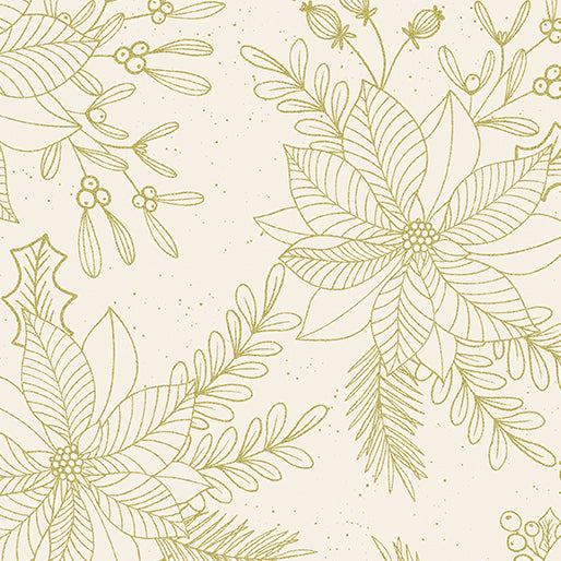 Holiday Sparkle Sparkling Poinsettias Fabric by Benartex, Cream, Gold Metallic