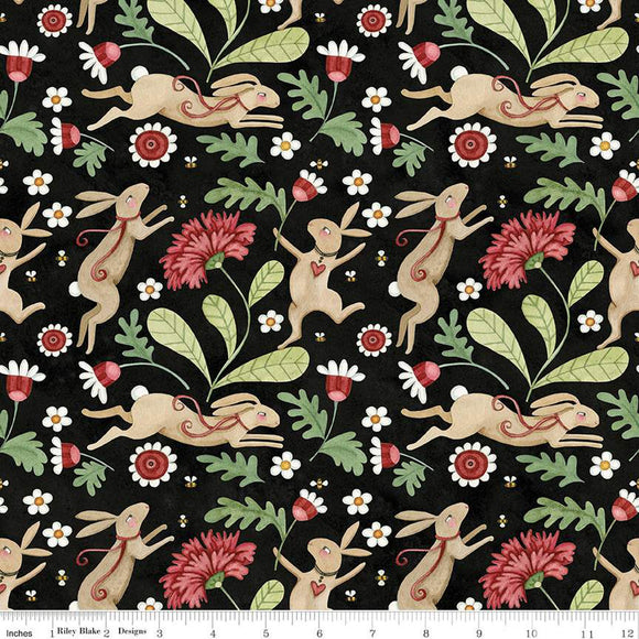 Hop Hop Hooray Bunnies in the Garden Black Fabric by Riley Blake Designs, Folk Art Rabbits