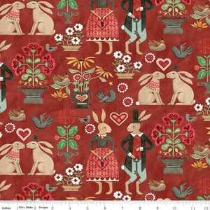 Hop Hop Hooray Main Red Fabric by Riley Blake Designs, Folk Art Rabbits