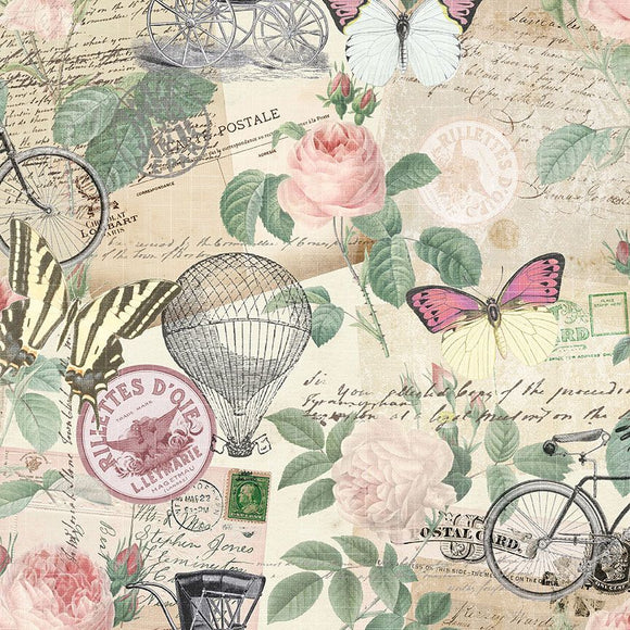 Jardin Postcard Collage Fabric by Timeless Treasures, Postal script, Rose Cream