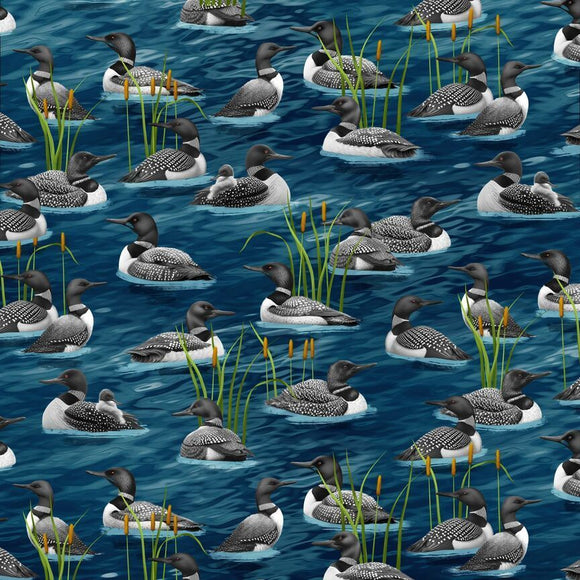 Lake Life and Lakeside Cabin, Loons Fabric by Timeless Treasures, Ducks in Water