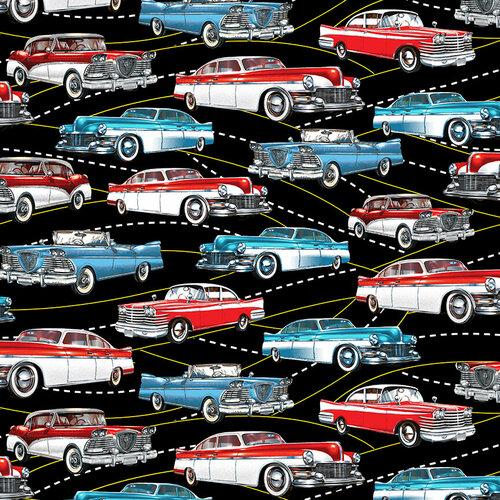 Life's a Kick Fabric by Blank Quilting Corp, Classic Cars on Black