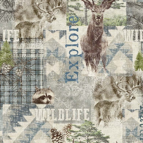 Into the Nature, Natural Wonders Fabric by Michael Miller, Elk, Forest Animals, Wildlife, Deer
