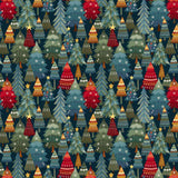 Nordic Holiday Village Fabric Stacked Trees, Dark Blue by Henry Glass, Scandinavian Christmas