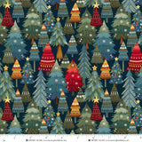 Nordic Holiday Village Fabric Stacked Trees, Dark Blue by Henry Glass, Scandinavian Christmas