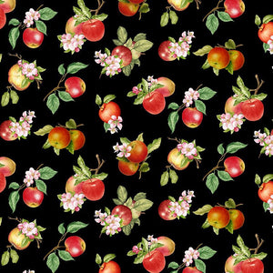 Orchard Valley Tossed Apples with Leaves on Black Fabric by Timeless Treasures