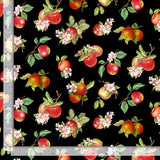 Orchard Valley Tossed Apples with Leaves on Black Fabric by Timeless Treasures