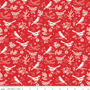Peace on Earth Birds Fabric by Riley Blake, Christmas Fabric, White on Red