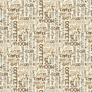 17" x 44" Perk Up Vanilla Dark Roast Coffee Words Quilt Fabric by Michael Miller