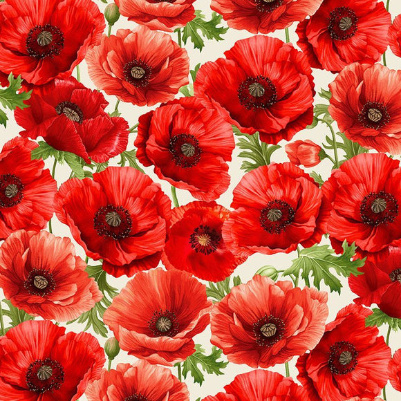 Poppy Passion Large Poppy Floral on Cream Fabric by Timeless Treasures, Red Flowers