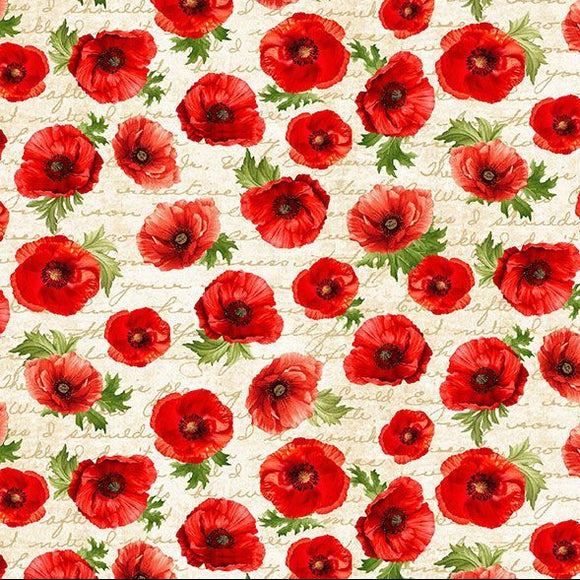 Poppy Passion Poppies on Script Fabric by Timeless Treasures, Red Flowers on Cream