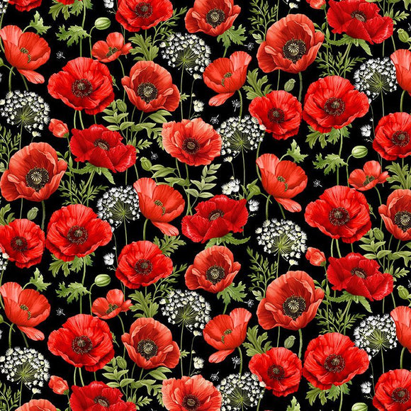 Poppy Passion Poppy Field Fabric by Timeless Treasures, Red Flowers, White Flowers