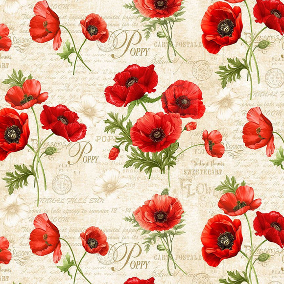 Poppy Passion Poppy Floral & Text Fabric by Timeless Treasures, Cream, Quilting Fabric