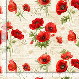 Poppy Passion Poppy Floral & Text Fabric by Timeless Treasures, Cream, Quilting Fabric