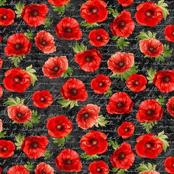 Poppy Passion Poppies on Script Fabric by Timeless Treasures, Red Flowers on Black