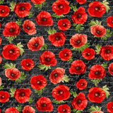 Poppy Passion Poppies on Script Fabric by Timeless Treasures, Red Flowers on Black