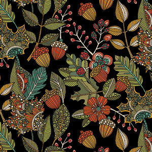 Pumpkin and Spice Leaf Medley Black Fabric by Benartex, Autumn, Fall Fabric