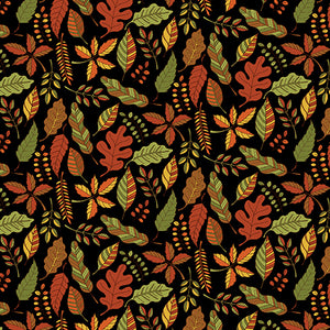 Pumpkin and Spice Leaves and Spice Black Fabric by Benartex, Autumn, Fall Fabric