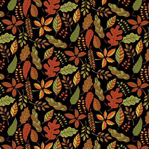 Pumpkin and Spice Leaves and Spice Black Fabric by Benartex, Autumn, Fall Fabric