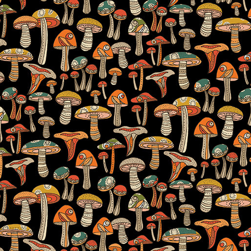 Pumpkin and Spice Mini Mushroom Black Fabric by Benartex, Autumn, Fall Fabric