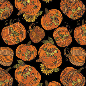 Pumpkin and Spice Pumpkin Toss Black Fabric by Benartex, Autumn, Fall Fabric