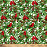 14" x 44" Red Cardinals in Pine Trees Fabric by David Textiles, Christmas Cardinals on White