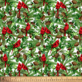 18" x 21" Red Cardinals in Pine Trees Fabric by David Textiles, Christmas Cardinals on White