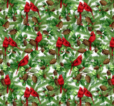 18" x 21" Red Cardinals in Pine Trees Fabric by David Textiles, Christmas Cardinals on White
