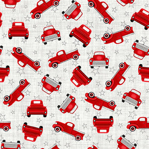 11" x 44" Truckin' in the USA, Patriotic Red Trucks Allover Fabric by Studio E