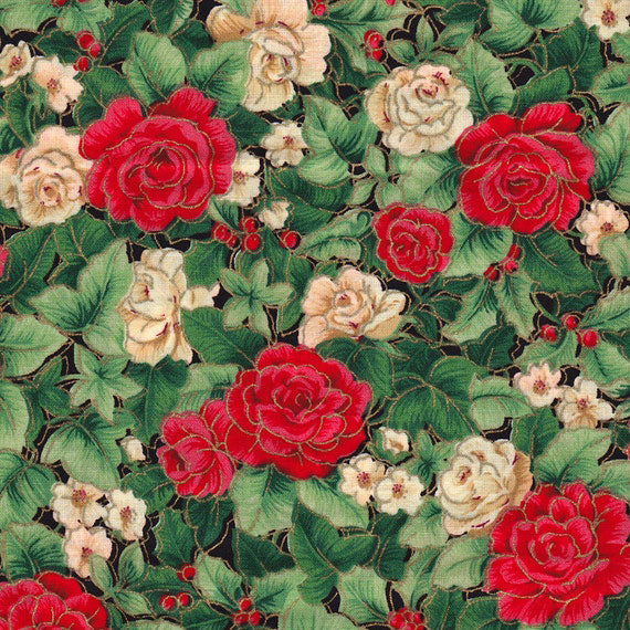 RARE FIND - Red and White Roses w/Holly, Outlined w/Gold Metallic, Cranston Print Works