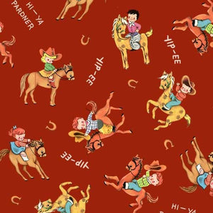 15" x 44" Rootin Tootin Giddyup Fabric by Michael Miller, Western, Cowboys, Children, Red
