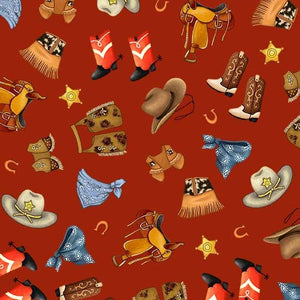 23" x 44" Rootin Tootin Saddle Up Fabric by Michael Miller, Western, Cowboy, Red
