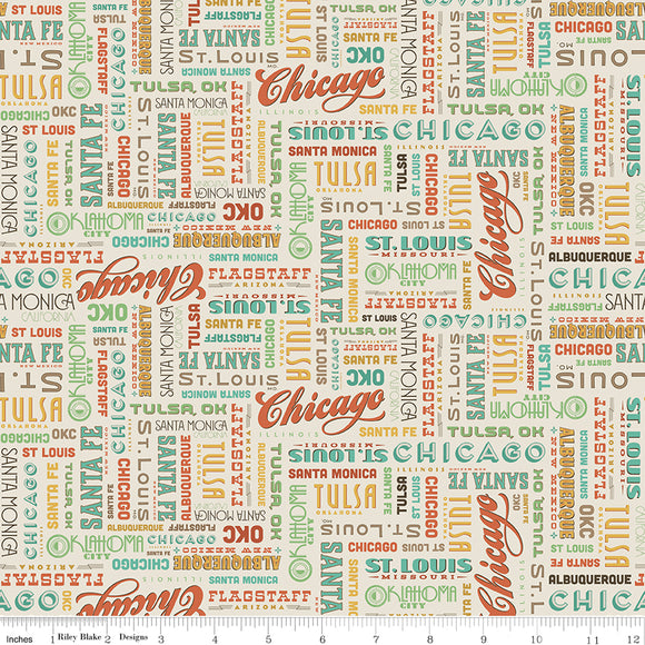 Route 66 Fabric, Words on Cream by Riley Blake Designs