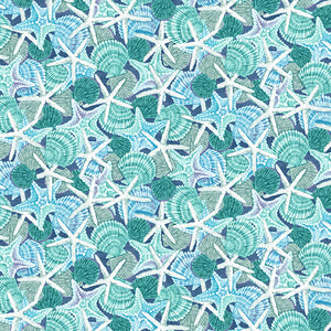 8" x 44" Salt & Sea Fabric by Henry Glass, Packed Shells and Starfish, Blue, Ocean, Beach Fabric